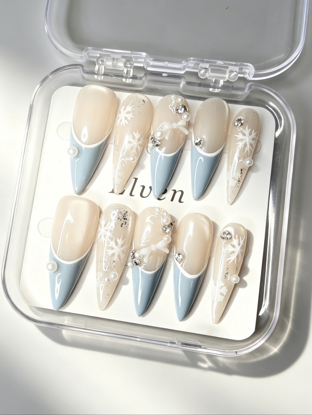 Elegant Blue French Tips and Cream Cat Eye Handmade Press-On Nails Stiletto